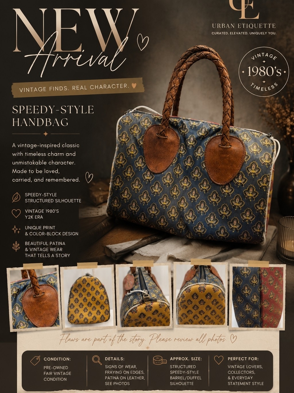Vintage Blue & Brown Speedy-Style Nordic Style  Handbag